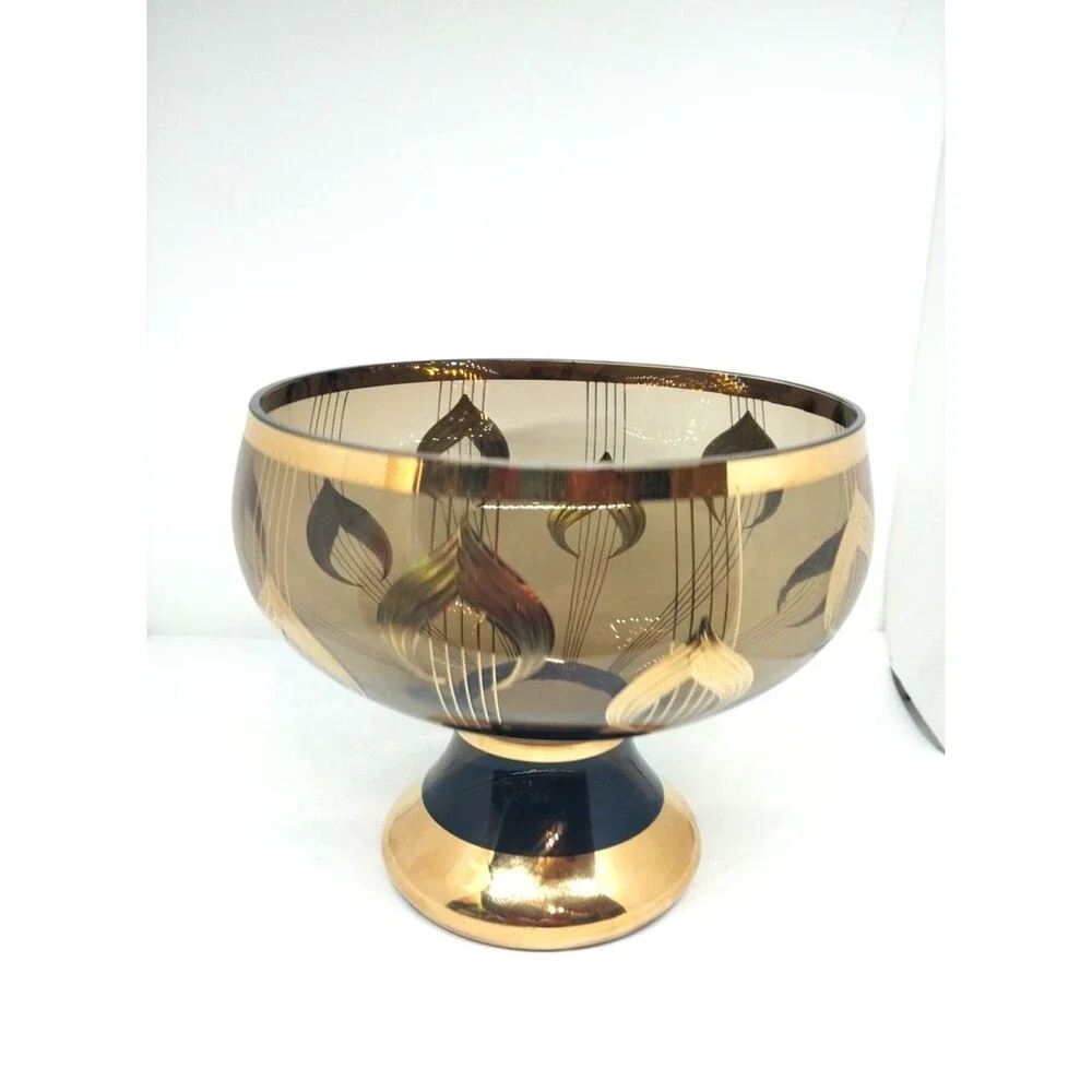 Vintage Large 1970's Murmac Bohemia Glass and Gold Fruit Pedestal Bowl